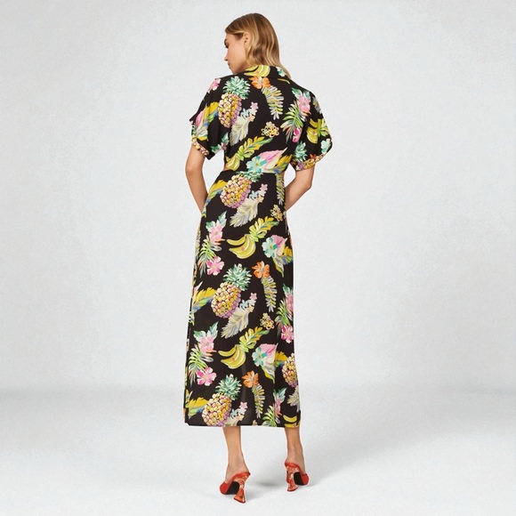 Tropical Pineapple Wrap Maxi Dress Resort Vacation Dress Black Print Size S NWT - Picture 6 of 7